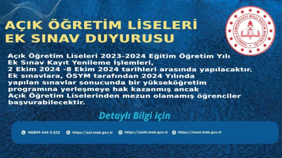 ÜNİVERSİTEYE YERLEŞEN AÇIK ÖĞRETİM LİSESİ ÖĞRENCİLERİ İÇİN EK SINAV DUYURUSU